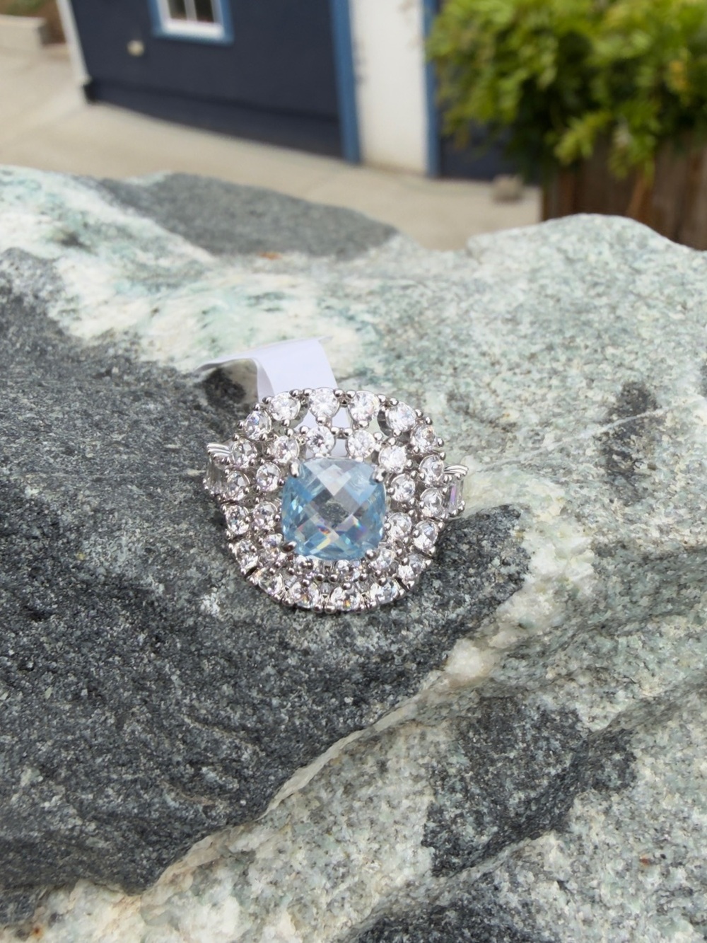 The Celeste Ring Aquamarine Cubic Zirconia Double Halo Statement Ring - Picture 8 of 10